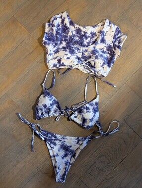 Zaful Purple and White Tie-Dye Three-Piece Swim Set